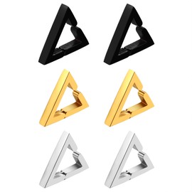 Flongo Without Hole Creolon Triangle Earrings Silver Gold Black Ear Clip Clip Without Holes Stud Earrings Square Triangle Stainless Steel Triangle Geometric Earrings for Men and Women, Stainless Steel