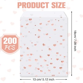 200 Pcs Paper Treat Bags 5 x 7 Inch Small Cookie Packaging White Paper Bags for Food Rose Gold Hearts Disposable Buffet Parties Picnic Afternoon Desserts Valentines Birthdays