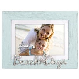 Malden International Designs 4x6 or 5x7 Beach Days Turquoise Picture Frame Silver Finish With Starfish Icon Word Attachment Textured Wood Grain Finish MDF Frame White Beveled Mat