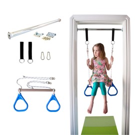 DreamGYM Doorway Swing for Kids Indoor - Trapeze Bar and Blue Gymnastic Rings Combo