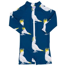 Cheeky Chickadee Unisex Long Sleeve Zip Swimmers UPF50+ | Hand-Painted Navy Cockatoo Print | Baby & Kids Swimwear | Australian Brand | Size 3-6M