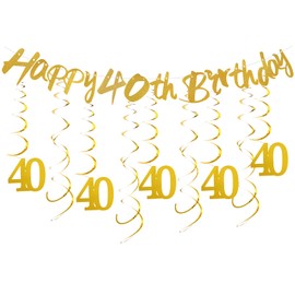 40th Birthday Decoration, 40th Birthday Men Decoration Streamers Gold Swirl Women Banner Hanging Decoration Ceiling Hanger Garland Spiral for Happy Birthday Party Decoration (Pack of 21)