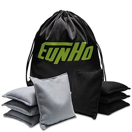 EunHo Corn Hole Beans Bags Regulation Size (Set of 8), Weather Resistant Duckcloth Corn Hole Bags, Air Laid Cornhole Bags for Toss Game and Outdoor Game with Carrying Bag, Black/Grey