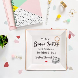 XJF To My Bonus Sister Ceramic Jewelry Dish, Bonus Sister Gifts from Sister, Gifts for Bonus Sister Birthday, Mothers Day, Christmas, Not Sister By Blood, But Sister Through Love
