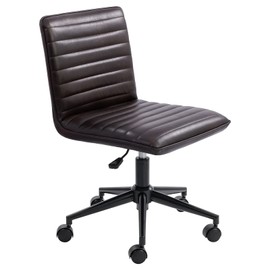 Furniliving Leather Home Office Chair, Armless Vanity Desk Task Chair with Wheels 360° Swivel Computer Rolling Desk Chair with Back, Adjustable Accent Chair with Gold Metal Base Stool