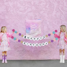 Music fans theme Birthday Party Banner Pink purple tearl gold with happy birthday Girl's Birthday Decoration singer friendship Bracelets Shape Banner for Pop singer concert Party Supplies