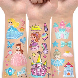 EMOME 130 Styles Princess Temporary Tattoos for Girls, Pricess Tattoos Temporary for Kids Pink Party Decorations, Princess Party Favors Supplies Goodie Glift Bags Games (12 Sheets)
