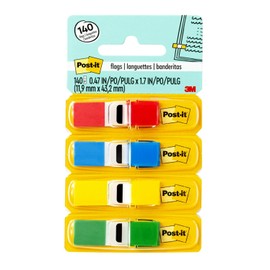 3M Post-it banderitas adhesivas colores primaríos de .47 x 1.7 in con 4 blocks, 35 banderitas c/u