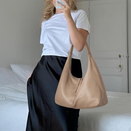 befen Leather Slouchy Hobo Bags for Women, Ultra Soft Full Grain Leather Large Tote Bag,Lightweight Tote Purses Foldable Shoulder Handbag, Oversized Hobo Bags for Women Work Travel, Milk Tea