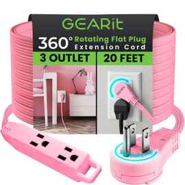 GEARit 360 Rotating Flat Plug Extension Cord with 3 Outlets (20ft, Pink) 16AWG/13A 3 Prong Wire, Outlet Saver for Home Office Dorm Room Essentials, ETL Certified