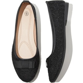 Shupua Black Flats for Women Lace Ballet Flats Dressy Comfortable Ballerina Flats Low Heel Wedding Flats Shoes Round Toe Flats for Bide, Ladies, Girls
