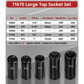 71670 Tap Socket Set For 5/8", 11/16", 3/4", 7/8" and 1" Taps, 1/2" Drive, Tap Socket Adapter For Larger, M.C.T.I. Standard Taps, 9 10 11 12 13 Tap Socket Wrench Set
