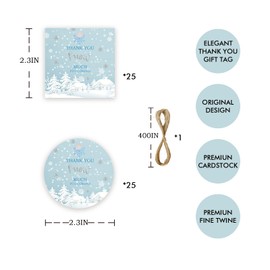 50pcs Snowflake Thank You Tags, Winter Wonderland Gift Tag with String for Baby Shower Party, Round Thank You Paper Tags for Snowflake Baby Birthday/Gender Reveal Party Favor