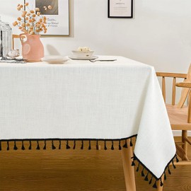 JIALE - Mantel texturizado, mantel rectangular de lino resistente, sin arrugas, lavable, impermeable, con borlas negras para cocina, comedor, fiestas, 55 x 120 pulgadas, color blanco