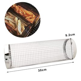 BBQ Net Tube Stainless Steel Rolling Grill Basket with Removal Mesh Cover, Outdoor Meat, Vegetable Grilling Accessories