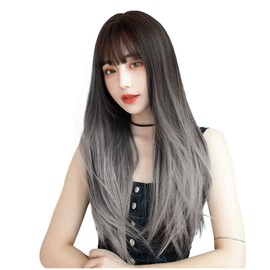 BARSDAR Wig, Long, Straight Wig, Full Wig, Natural Cosplay, Small Face, Popular, Heat Resistant Wig, Harajuku Style, Fashion, Net Included (Black Brown x Smoky Gray)
