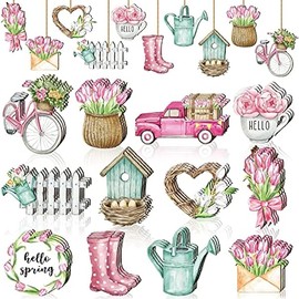 Maitys 36 Pcs Spring Flower Wooden Ornaments Sunflower Tulip Lavender Tree Decoration Floral Gnome Hanging Wood Cutout Pastel Spring Decor for Home Small Tree Party(Sweet Spring)