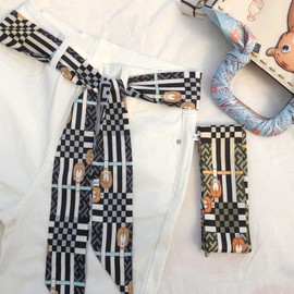 SansHeBe 2 Pack Silk Purse Scarf For Handbags Head Hair Ribbon Fashion Skinny Scarf For Women Long Neckerchief (Green Geometry)