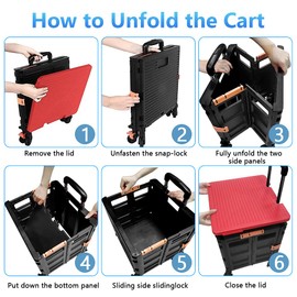 Quick Utility Cart Folding Portable Rolling Crate Handcart with Durable Heavy Duty Plastic Telescoping Handle Collapsible 4 Rotate Wheels for Travel Shopping Moving Luggage Office Use (Black&red lid)