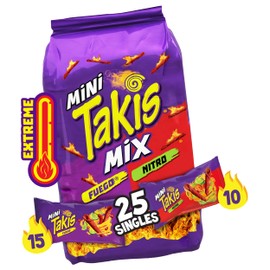 Takis Mini 25PK Bite Size Variety Pack, Assorted Flavored Mixed Rolled Tortilla Chips – (15) Fuego Mini (10) Nitro Mini