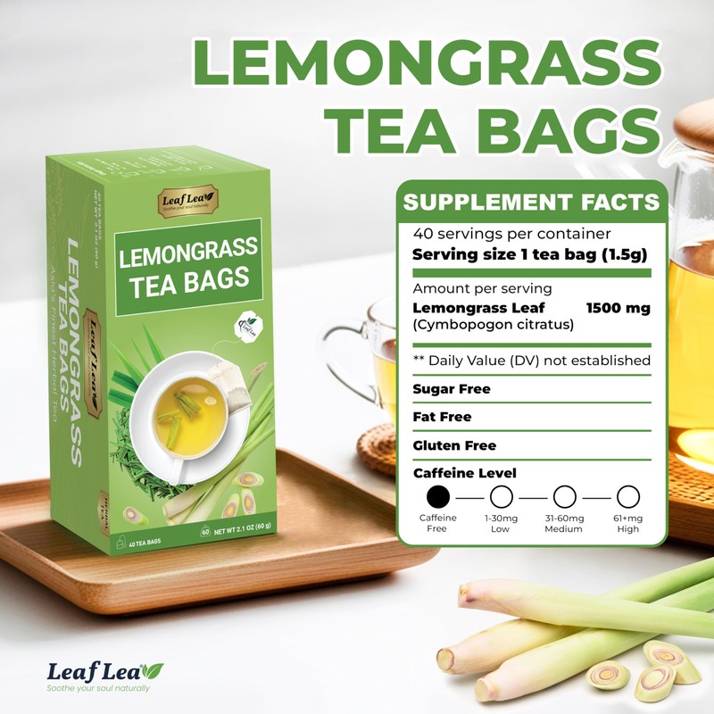 LeafLea Lemongrass Tea Bags, 40 Count, 100% Natural Lemongrass Leaves,