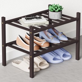 Smiry Bamboo Shoe Rack for Closet, 2 Tier Small Wooden Stackable Shoe Organizer, Free Standing Shoes Storage Shelf for Entryway, Front Door Entrance, Brown