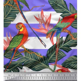 Soimoi Cotton Voile Fabric Tropical Leaves,Stripe & Parrot Bird Printed Fabric 1 metre 56 Inch Wide