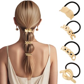 Coucoland Coleteros Dorados - 4 Unidades de Coleteros Metálicos con Diseño Geométrico Y Elástico para Cabello Grueso Y Fino, Elegantes Coleteros con Lazo para Mujeres Y Niñas (Set Dorado 04)