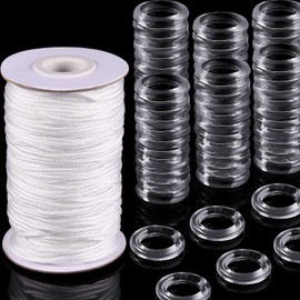 RoadLoo Roman Curtain Rings, 100 Pieces Clear Blind Roman Ring and 50m 1.8 mm Roman Blind Cord White Braided Lift Shade Cord Transparent Plastic Rings for DIY Roman Curtains Blind Shade