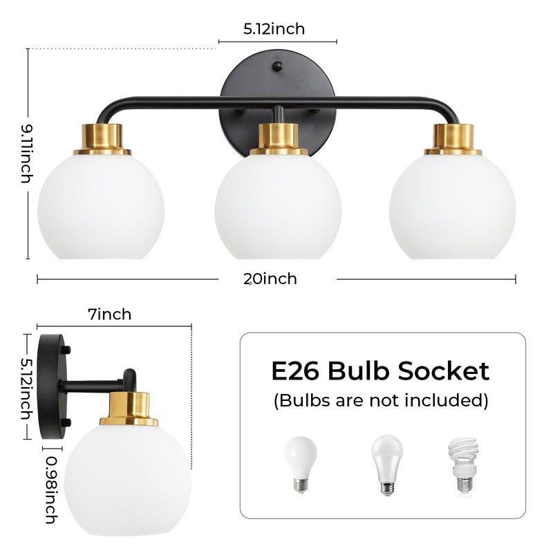 3 Light Bathroom Vanity Light, Black and Gold Bathroom Light