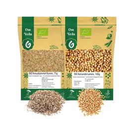 Organic Cumin 75 g + Organic Coriander 100 g Indian Spice Set 175 g Organic Certified DE-ÖKO-039 Cumin Jeera Coriander Set for Kitchen and Tea OmVeda