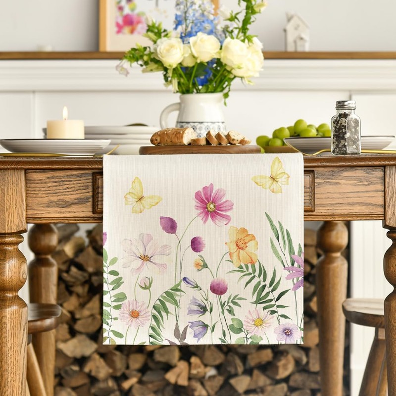 Artoid Mode Flowers Butterfly Summer Table Runner, Seasonal Kitchen Table