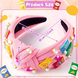 BOpusail Summer Pink Funny Snack Knotted Headbands with Costume Chips Rhinestone Pearl Colorful Hair Accessories for Women Lady Girls Fairy Story Decor Elegant Back School Holiday Fashion Party Gifts