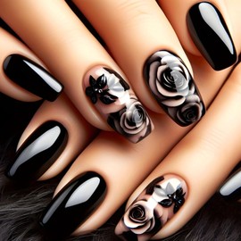 Coffin Press on Nails Short Fake Nails with Rose Leaves Design Nails Press ons Glossy Glue on Nails Black Full Cover Acrylic False Nails Artificial Stick on Nails for Women 24Pcs