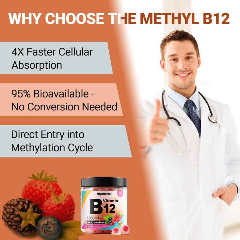 Vigorintha Methyl Vitamin B12 Gummies 1000mcg, Vitamin B12 Methylcobalamin Supplement
