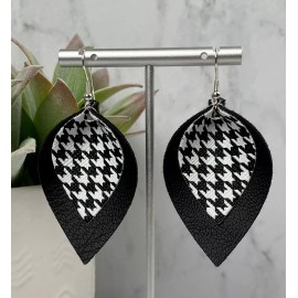 Handmade NEW Faux Vegan Leather White Black Houndstooth Teardrop Earrings Pinched Silver
