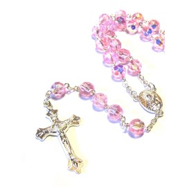 Silver Plated Necklace Rosary Crystal Pink Glass Beads & Jesus Pewter Crucifix and Jerusalem Cross, Glass, No Gemstone