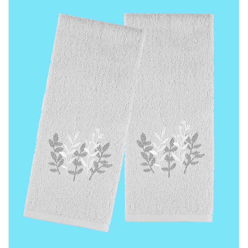 Bath Hand Towels, Set of 2 Grey Velour with Embroidered
