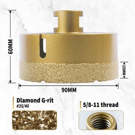 Diamond Core Drill Bits 3-1/2 Inch (90mm) Tile Hole Saws Vacuum Brazed Diamond Hole Saw for Tiles Porcelain Ceramic Glass Marble Brick Granite Quartz, Dry or Wet Use, 5/8-11 Thread