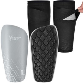 Northdeer Shin Guard Shin Guards Leg Guards Adult Children with Calf Sleeves Innovative Double Pocket Design Junior Kids Unisex Soccer Wear Futsal Sports Supporter Set (Gray L)
