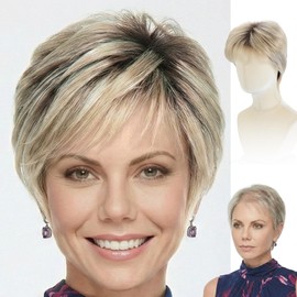 Dark Root Ash Blonde Highlights Pixie Cut Wig for White Women – Short Curly Synthetic Wig with Bangs, Glueless New Cap Design, Lightweight Daily Wear Wig