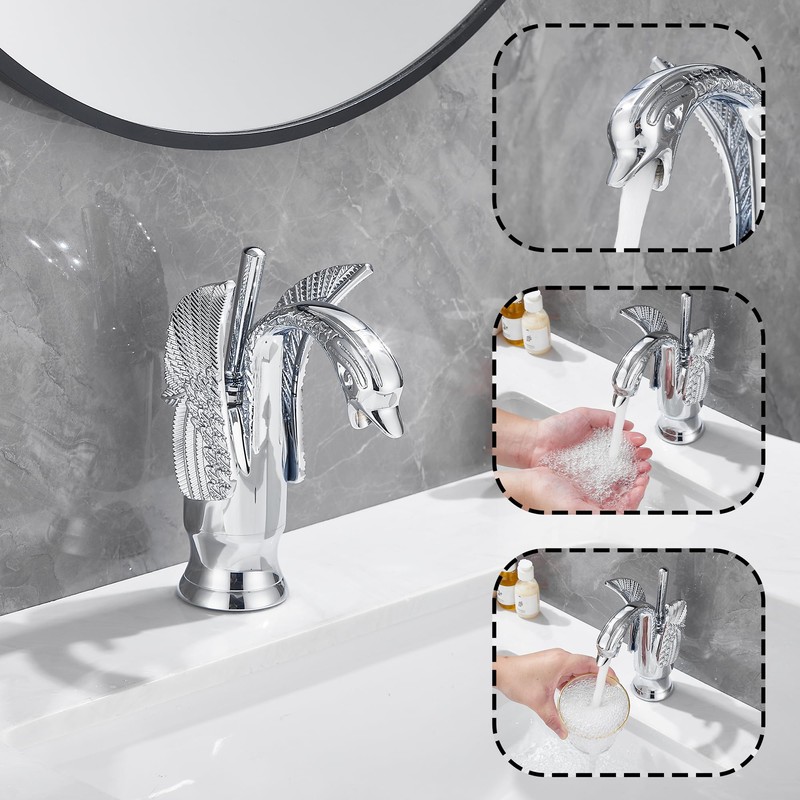 GGStudy Chrome Bathroom Faucet Swan Shape Single Handle One Hole