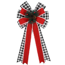 Large Christmas Bow for Wreath, White Black Buffalo Plaid Wreath Bow for Front Door Decor Red White Velvet Winter Decorative Bow with Pine Cone for Xmas Home Outdoor Indoor Party