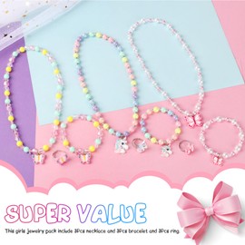 Msnailfly 3 Sets Girl Princess Necklace Bracelet Ring Kids Stretchy Jewelry Gift Unicorn Butterfly Necklace Bracelets Rings Party Favors Dress up Jewelry for Little Girl Toddler(with Gift Box)
