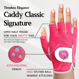 Caddy Classic Ladies Golf Glove Women | Half Finger Mesh Design for High Breathability | Premium Leather Construction for Comfortable Fit | Includes Stylish Magnetic Ball Marker