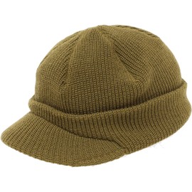 SESSLER Jeep Cap, 100% Wool, WW2 Replica, Knit Hat with Brim, Jeep Cap, Watch Cap, Military Khaki