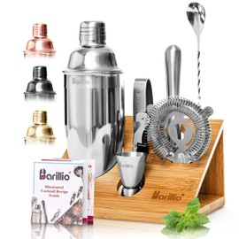 Barillio Bartender Kit - Stainless-Steel Cocktail Shaker Set with Bamboo Stand - Mixology Bar Tools w/Shaker, Drink Mixer Spoon & Muddler for Cocktails - Home Bar Accessories - 10-Pc Bar Set - Silver