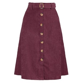 Allegra K Womens High Waist Button Front A-Line Belted Corduroy Midi Skirt X-Large Burgundy