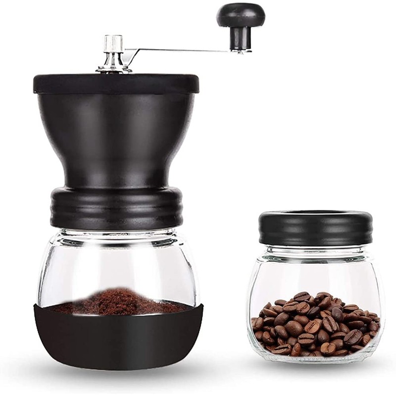 ANCLLO Manuelle Kaffeemühle mit Keramik-Frässtiften, 350 ml,Glasdosen, Silikonabdeckung und Edelstahlgriff,