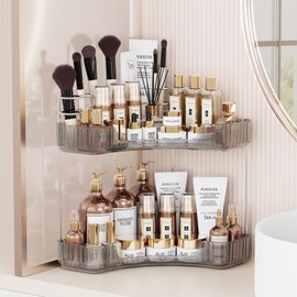 Asayuee 2-Tier Corner Bathroom Counter Organizer with Top Toothbrush Holders,Large Makeup Organizer Countertop with Brush Holder,Skincare Organizers Corner,Exquisite Vanity Organizer (Gray, 2 Tier)